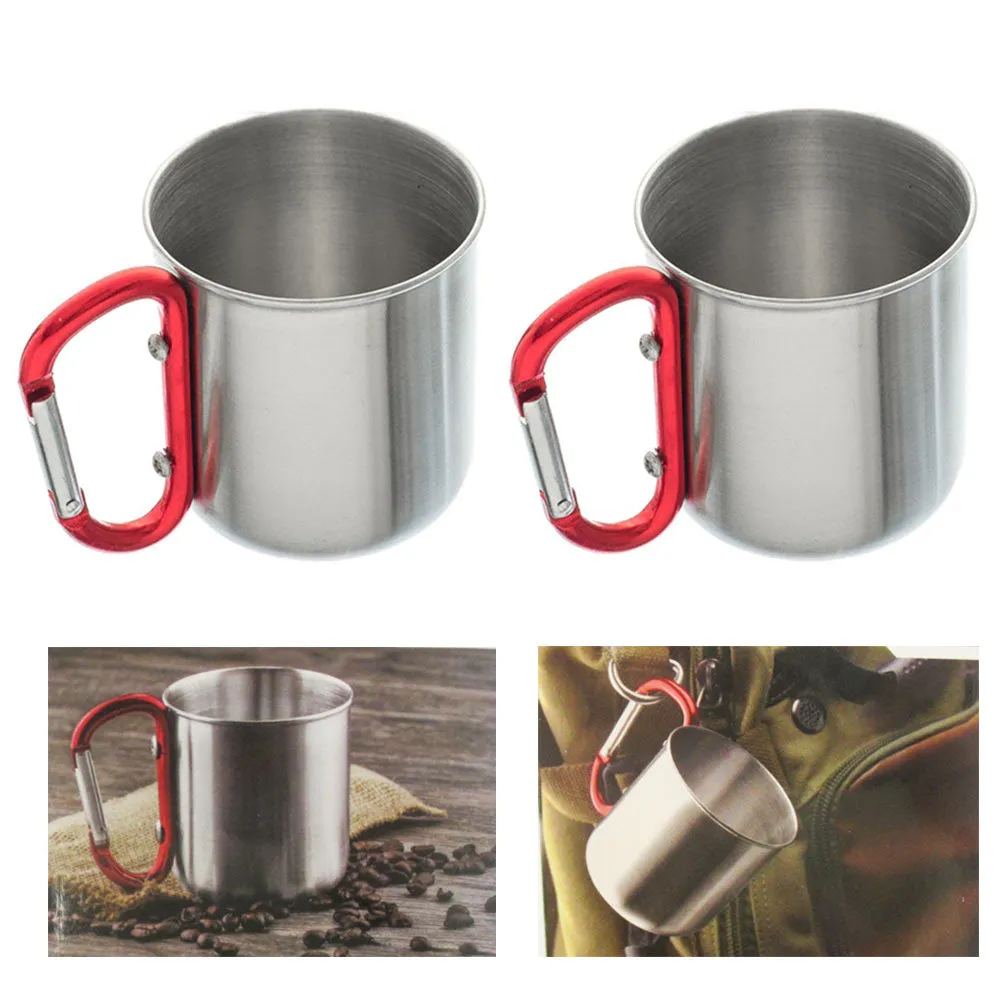 2 Pc 300ml Stainless Steel Carabiner Outdoor Camping Cup Travel Hook Double Wall