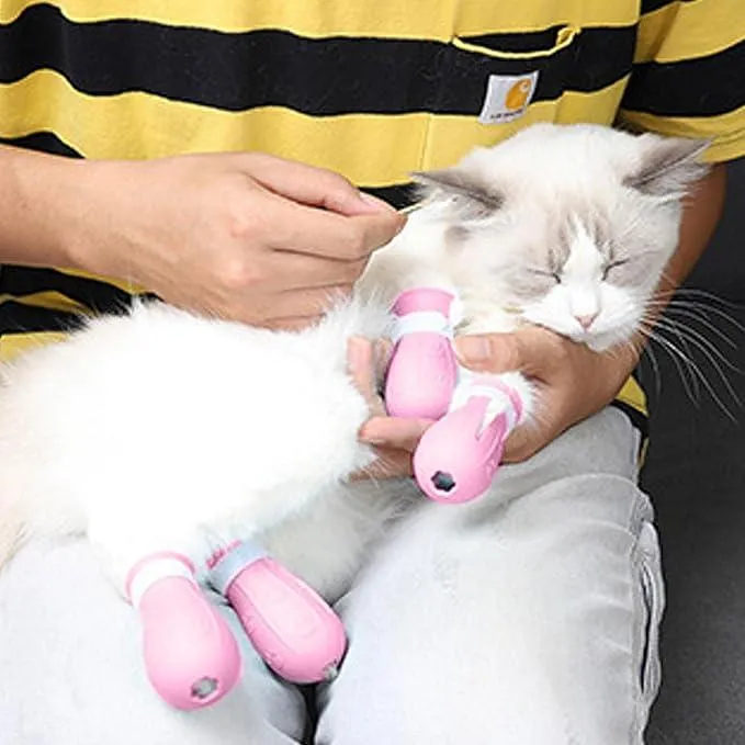 ABOOFAN 4 Pack Cat Booties Anti Scratch Cat Shoes for Kitten Adult Easy to Wear Covers Comfortable Material Bathing Cat Socks Adjustable Size
