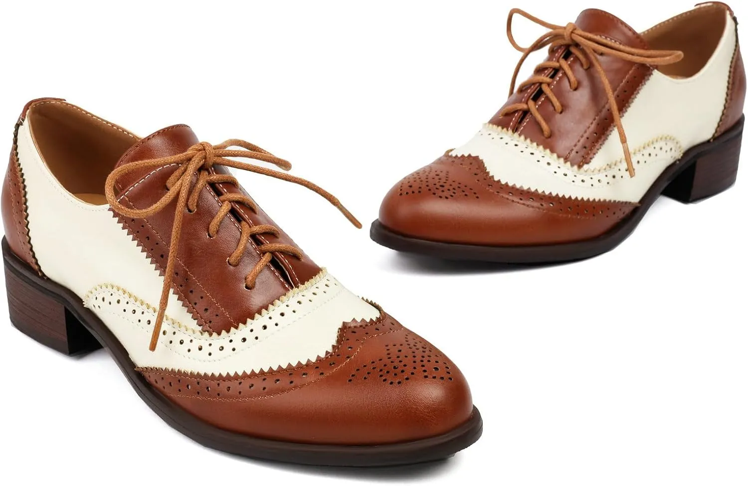 Betastella Womens Vintage Wingtip Lace Up Oxfords Chunky Low Heel Round Toe Pumps Brogue Oxford Shoes