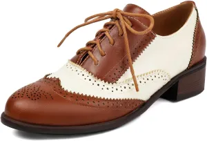 Betastella Womens Vintage Wingtip Lace Up Oxfords Chunky Low Heel Round Toe Pumps Brogue Oxford Shoes