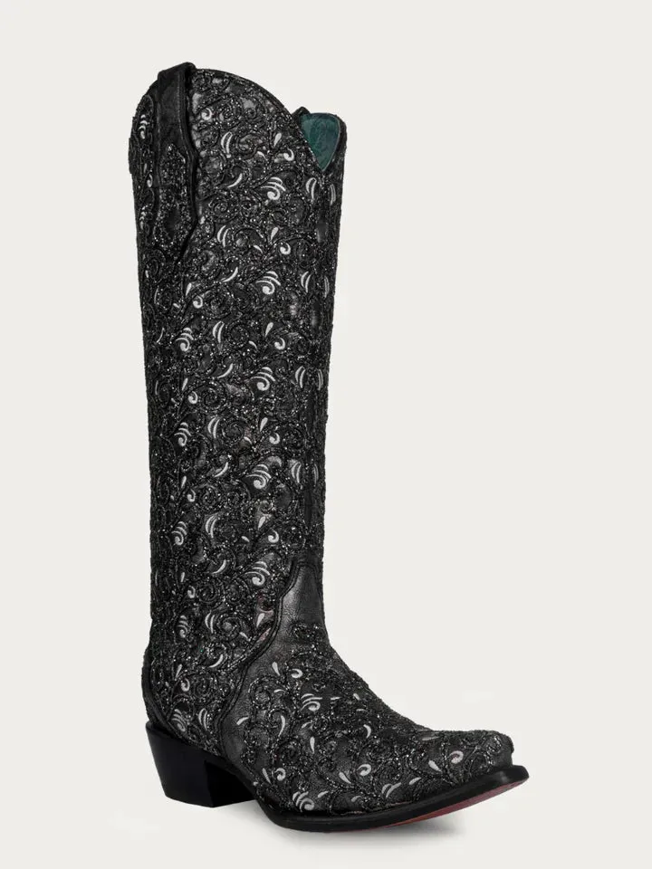 Black Glitter Overlay & Embroidery Tall Top