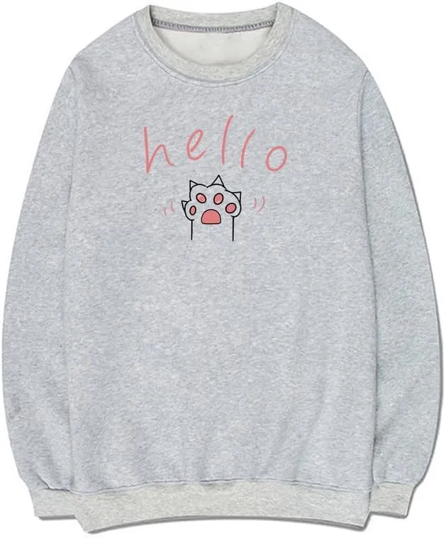 CORIRESHA Cat Paw Graphic Crewneck Long Sleeve Kawaii Cute Letter Sweatshirt