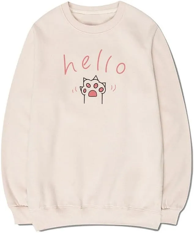 CORIRESHA Cat Paw Graphic Crewneck Long Sleeve Kawaii Cute Letter Sweatshirt