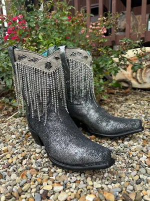 Corral Women's Black & Silver Overlay Crystal Fringe Snip Toe Ankle Cowgirl Boots Z5252