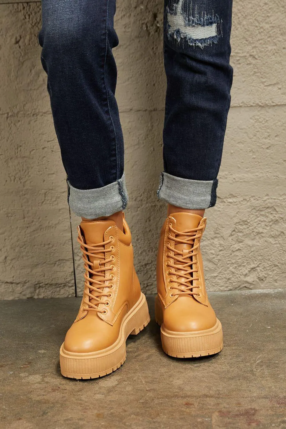 East Lion Lace Up Caramel Platform Combat Boots