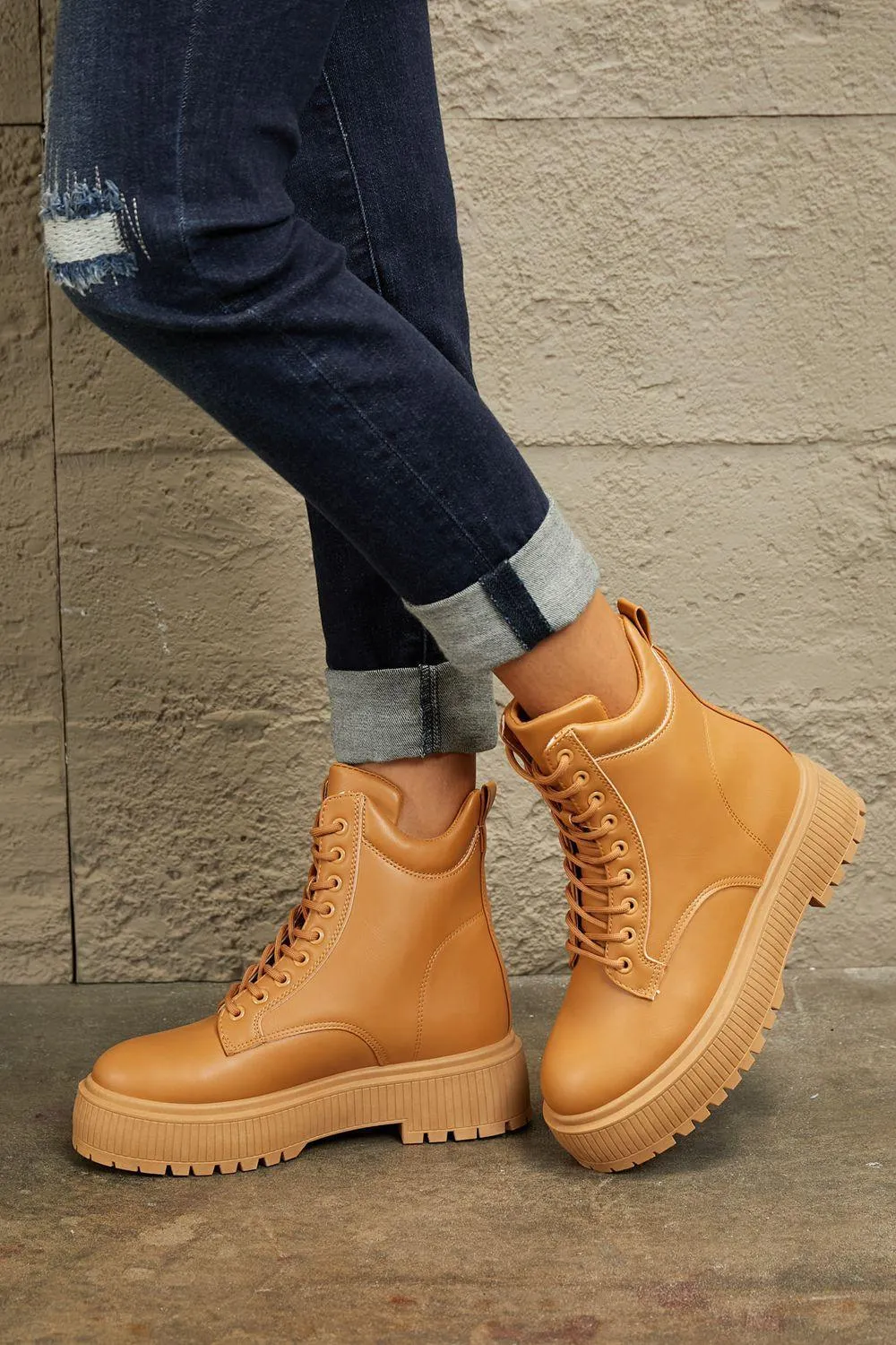 East Lion Lace Up Caramel Platform Combat Boots
