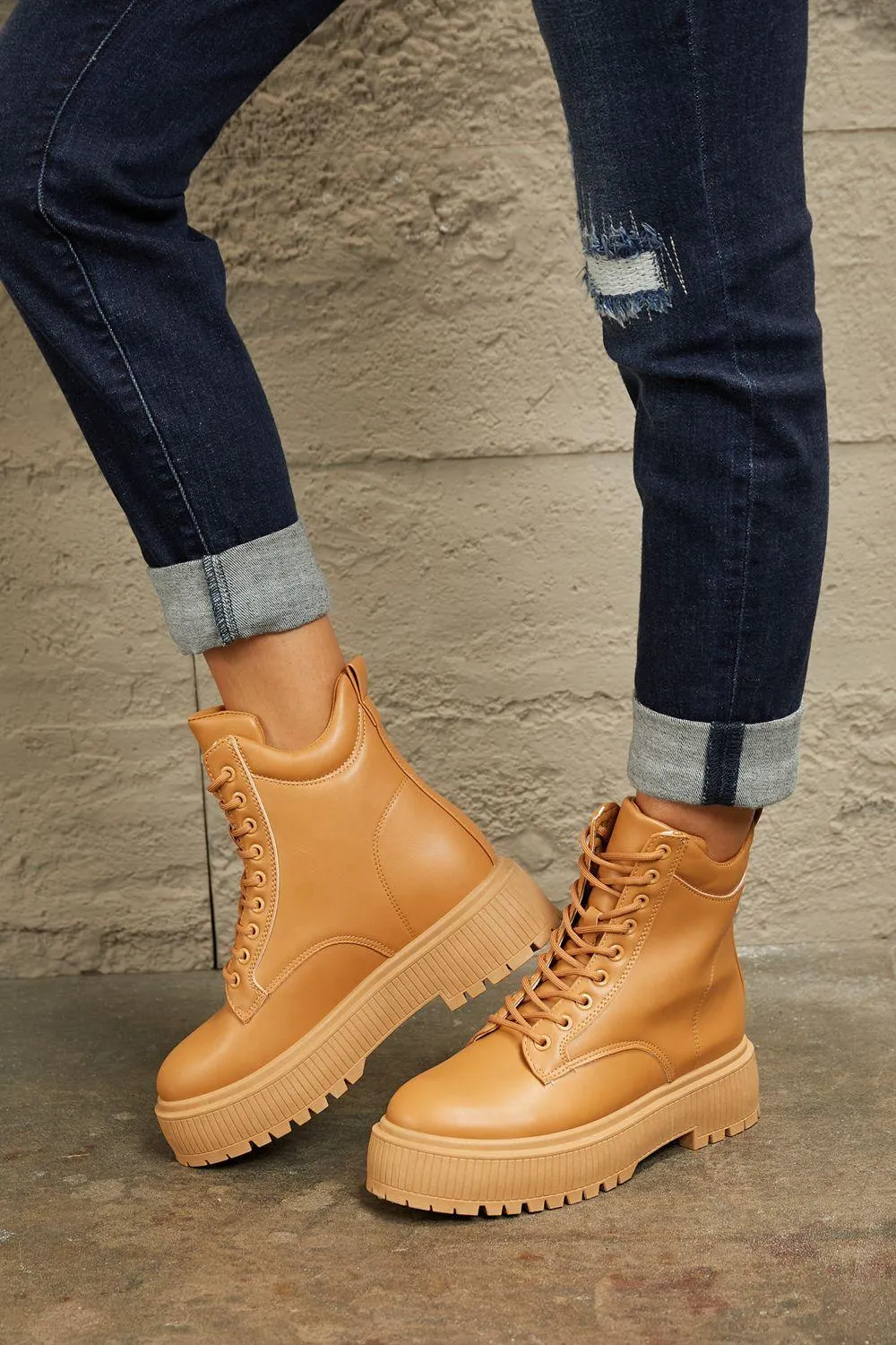 East Lion Lace Up Caramel Platform Combat Boots