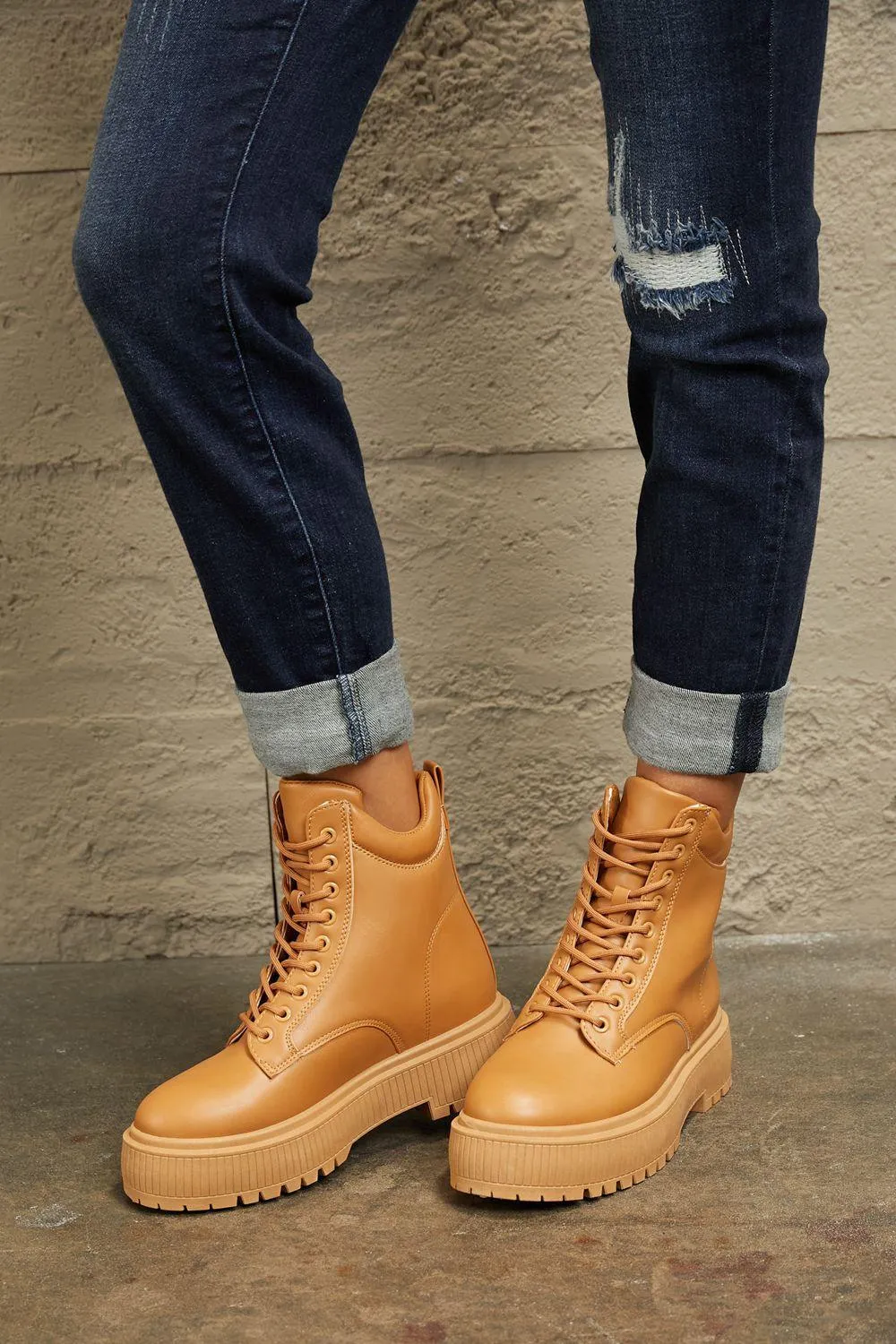 East Lion Lace Up Caramel Platform Combat Boots