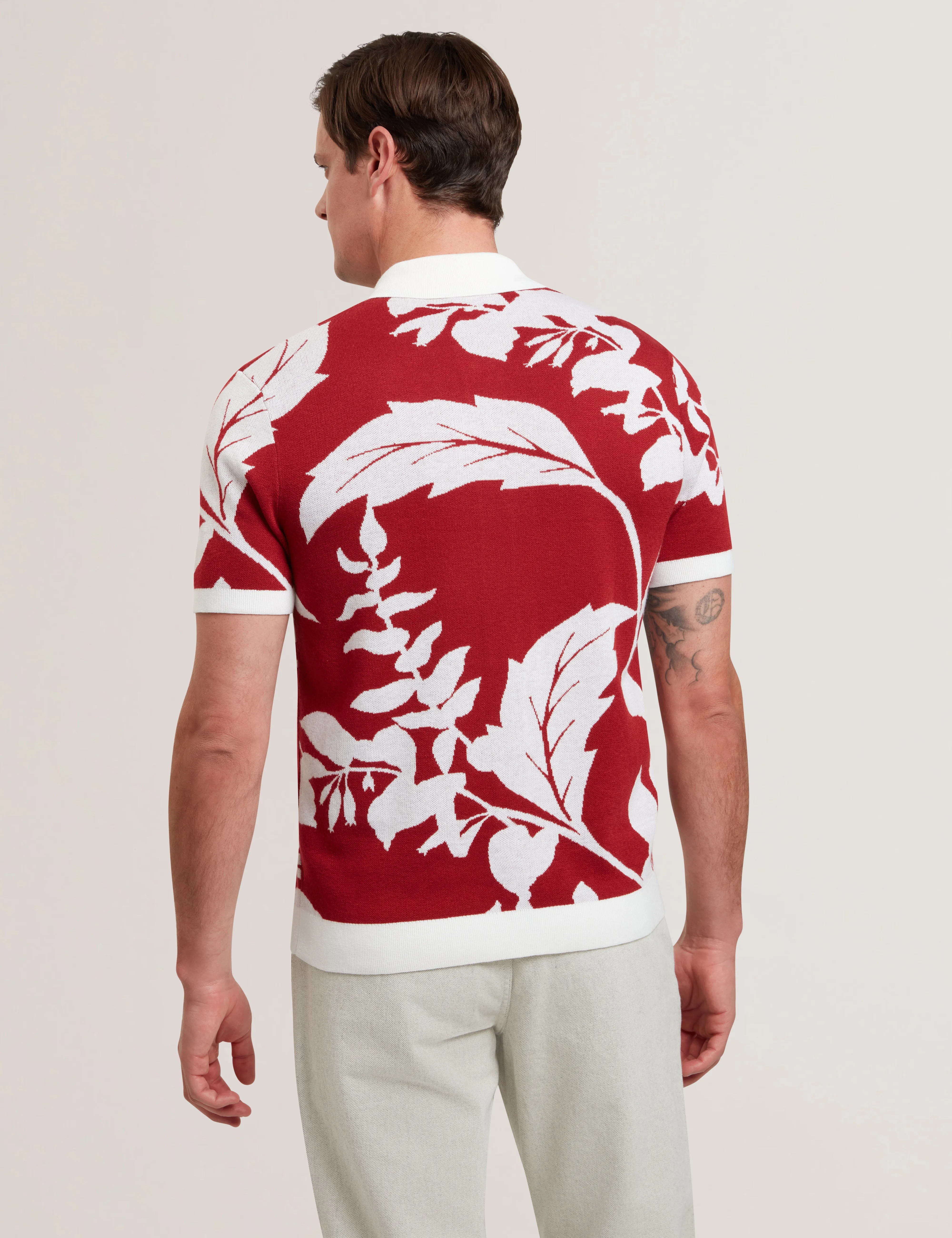 Edson Short Sleeve Button Through Floral Polo Shirt Red