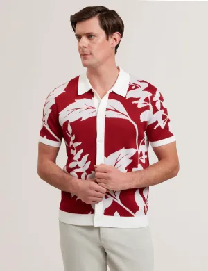 Edson Short Sleeve Button Through Floral Polo Shirt Red