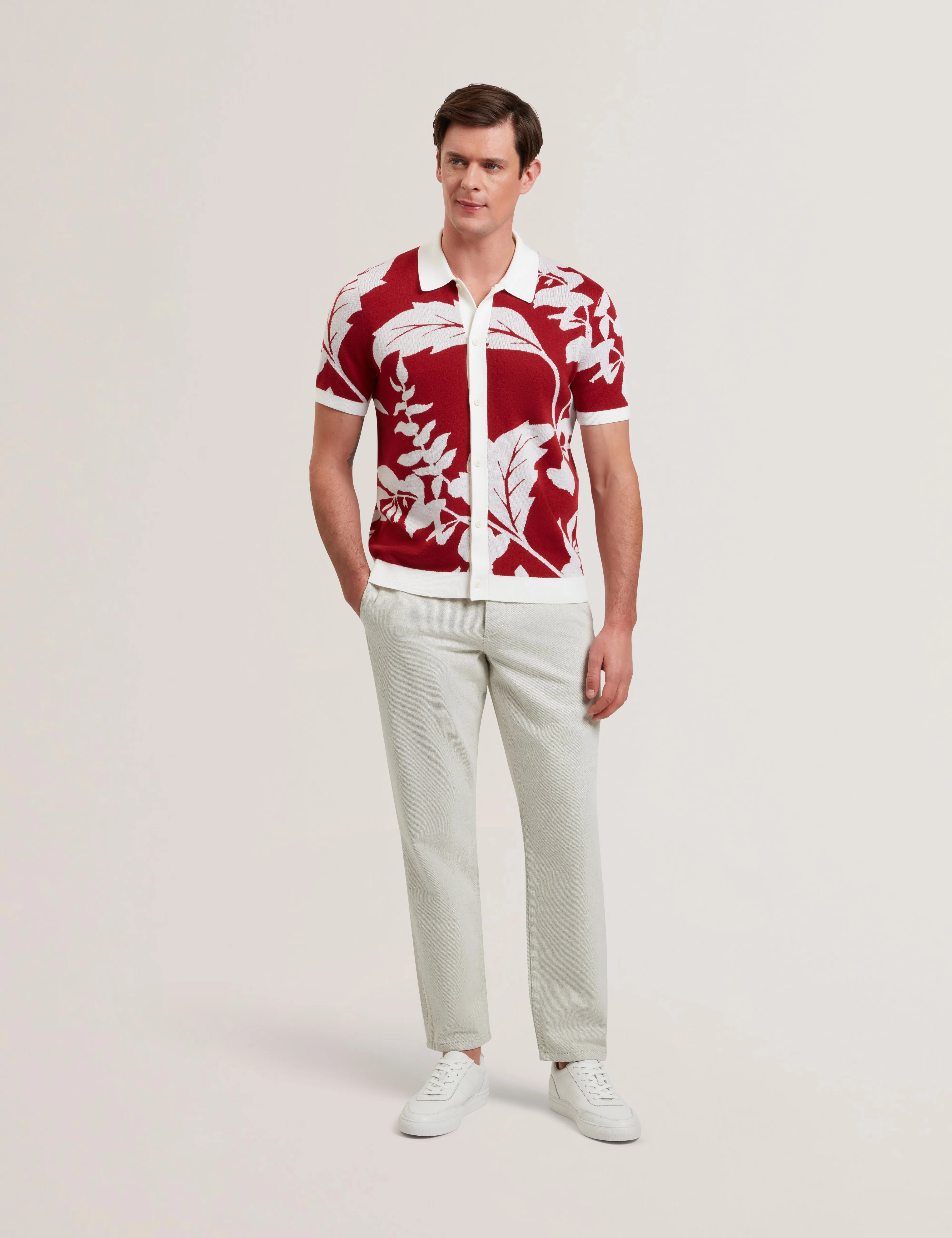 Edson Short Sleeve Button Through Floral Polo Shirt Red