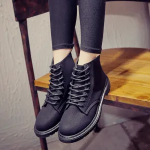 European British Style Lace UP Round Toe Low Block Heel Ankle Martin Boots