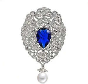 Fantasy Luxury Opens Scroll Floral Blue Stone Art Deco Brooch with Pearl Dangle Drop