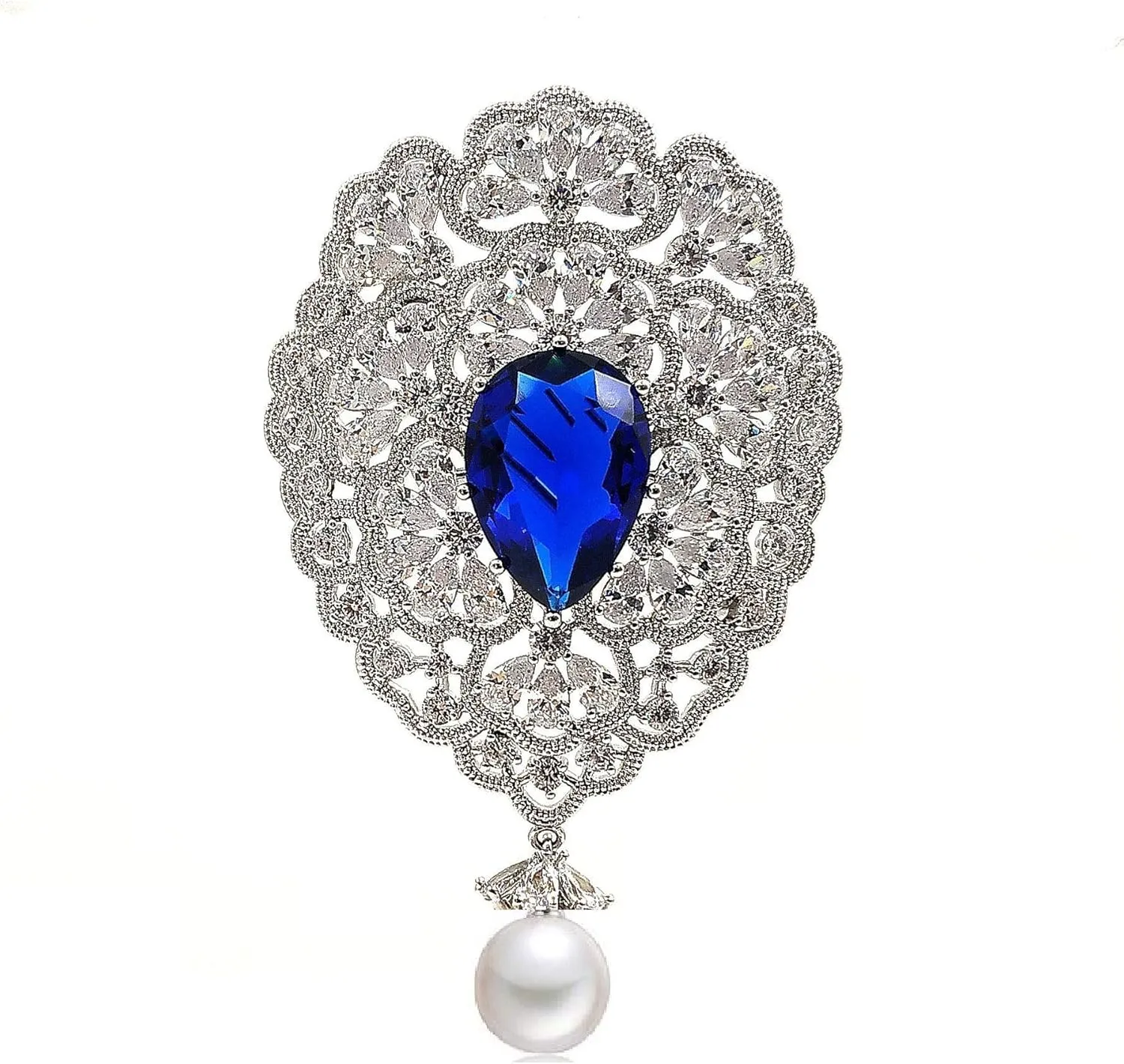 Fantasy Luxury Opens Scroll Floral Blue Stone Art Deco Brooch with Pearl Dangle Drop