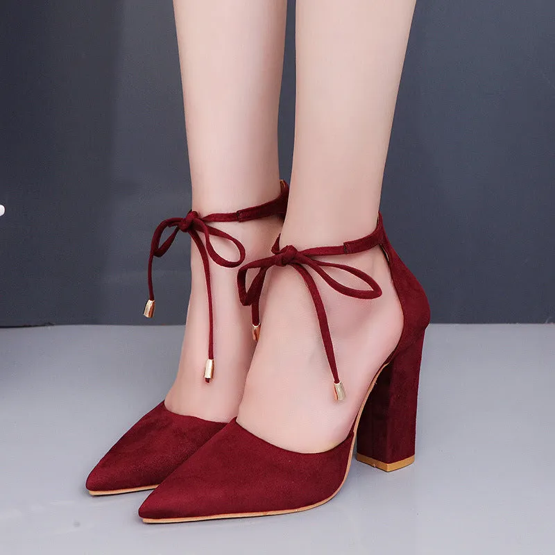 Faux Suede Pointed-Toe Tie Front Block Heels