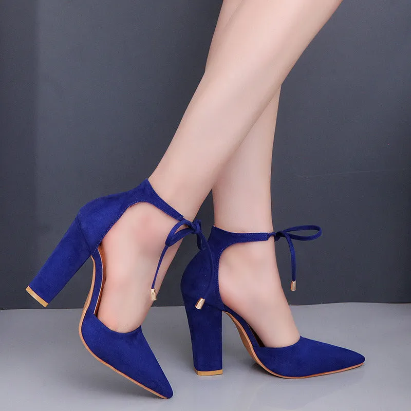 Faux Suede Pointed-Toe Tie Front Block Heels