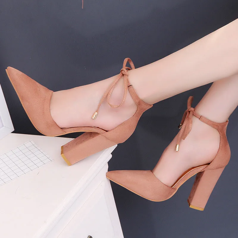 Faux Suede Pointed-Toe Tie Front Block Heels