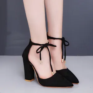 Faux Suede Pointed-Toe Tie Front Block Heels