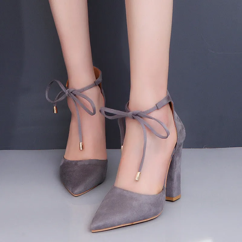 Faux Suede Pointed-Toe Tie Front Block Heels