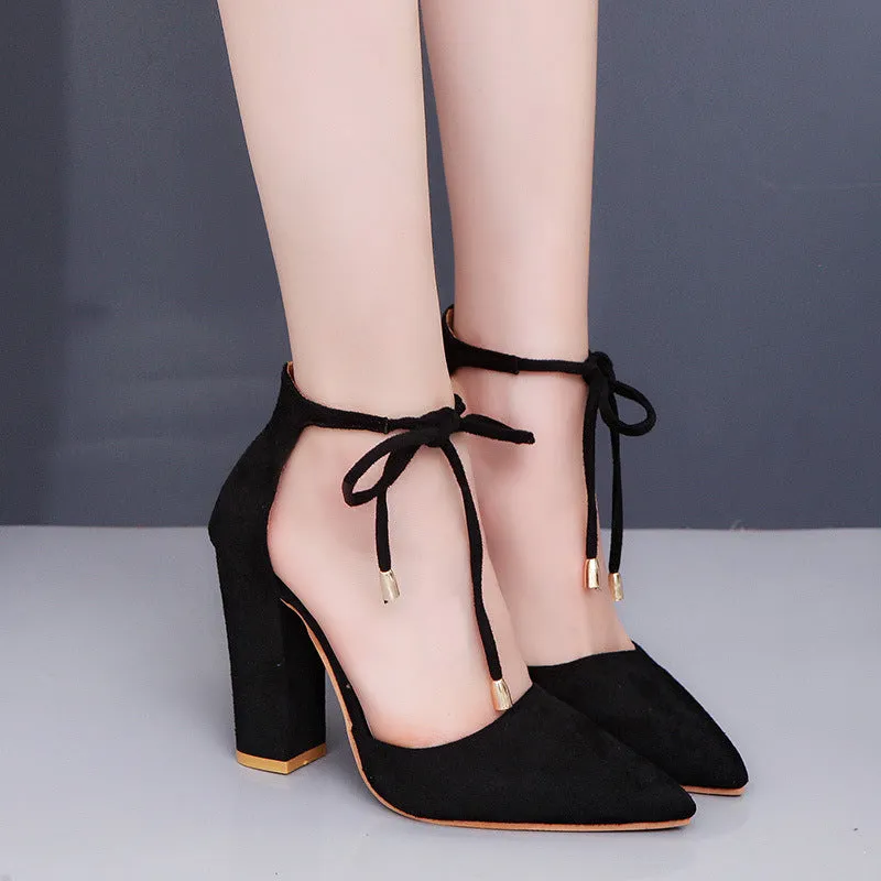 Faux Suede Pointed-Toe Tie Front Block Heels