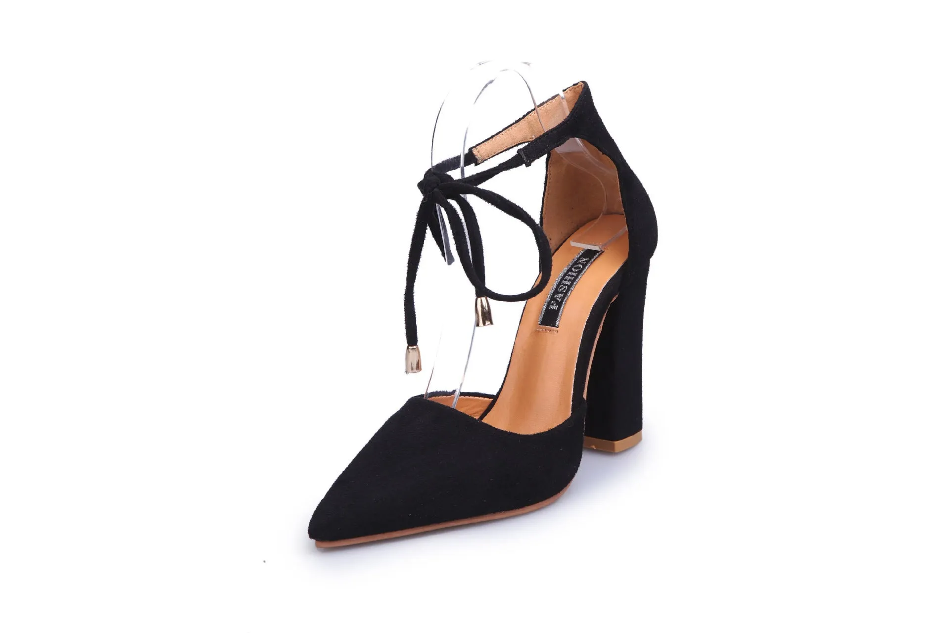 Faux Suede Pointed-Toe Tie Front Block Heels