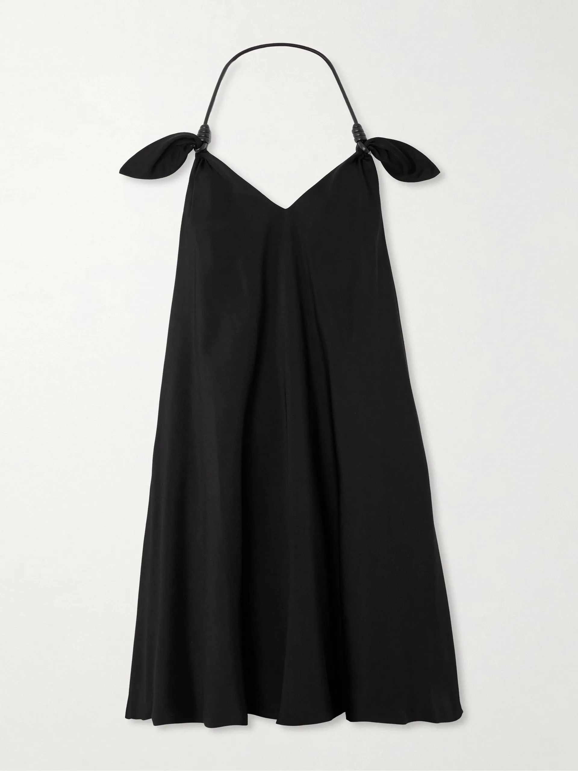 Flamenco knotted leather-trimmed twill halterneck mini dress