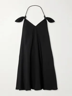 Flamenco knotted leather-trimmed twill halterneck mini dress