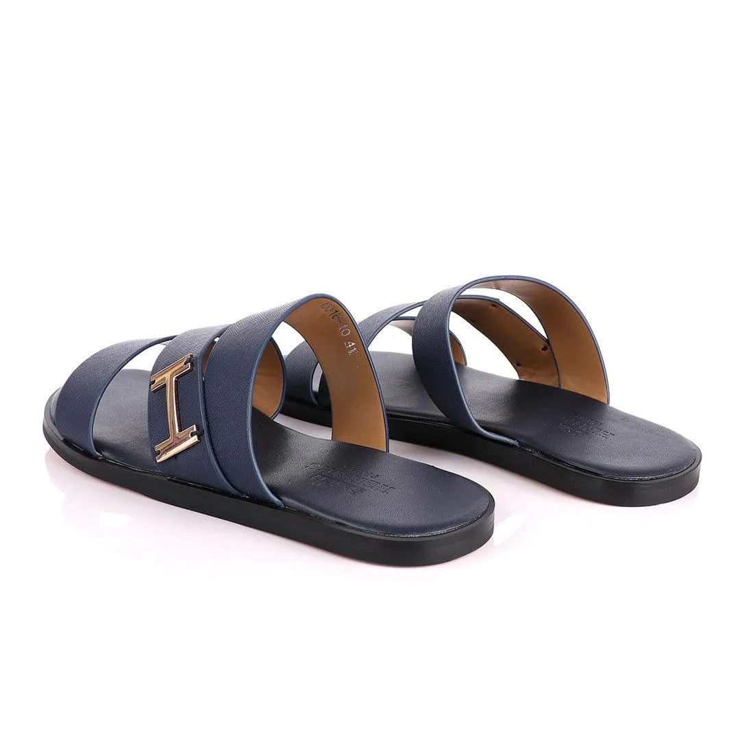 Hermes Paris 3 Strap With Logo Blue Leather Slippers