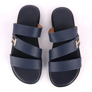 Hermes Paris 3 Strap With Logo Blue Leather Slippers