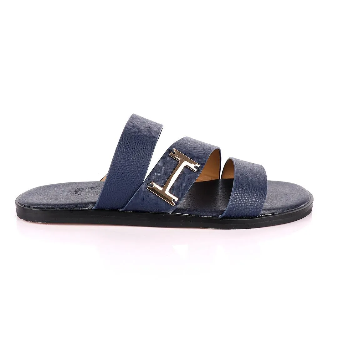 Hermes Paris 3 Strap With Logo Blue Leather Slippers
