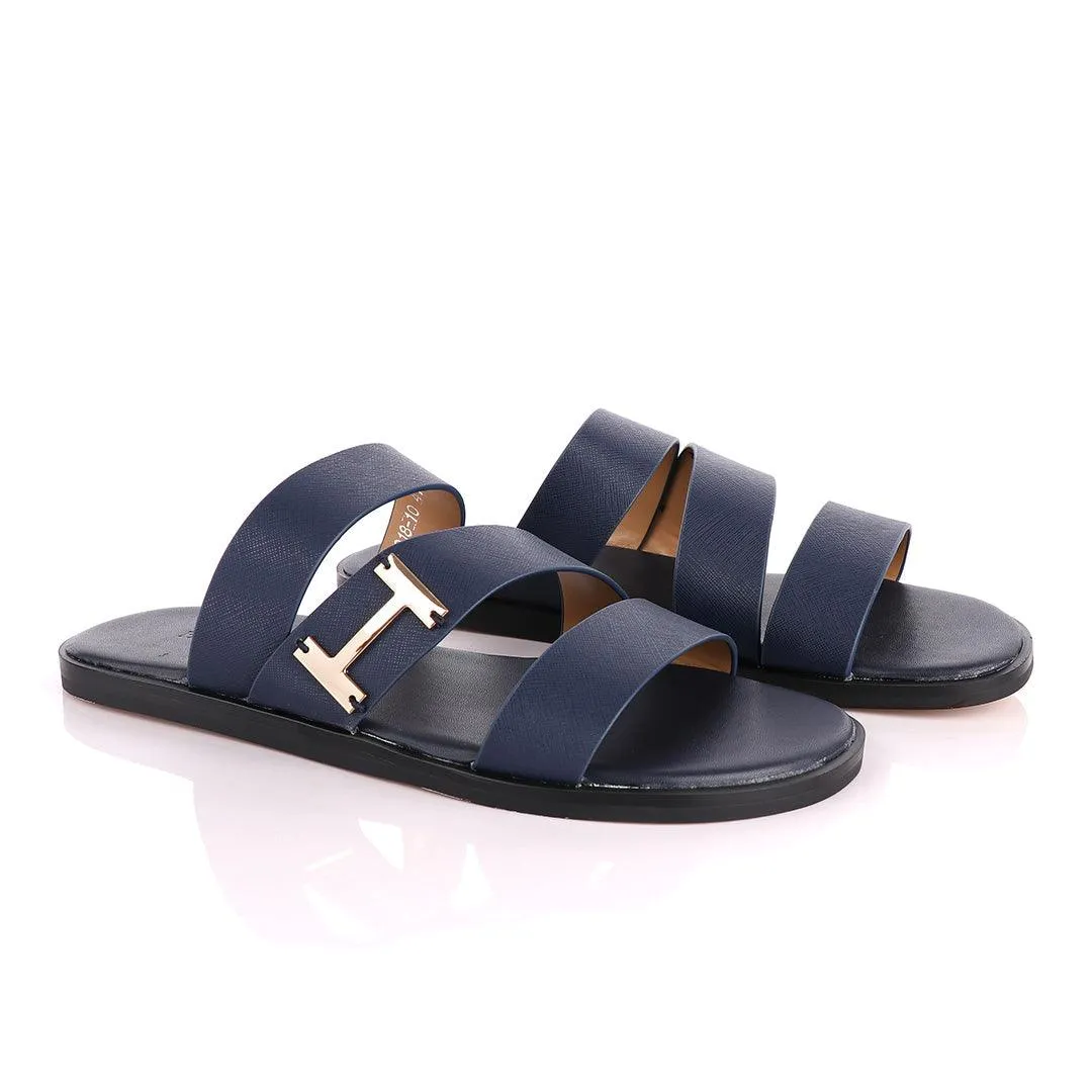 Hermes Paris 3 Strap With Logo Blue Leather Slippers