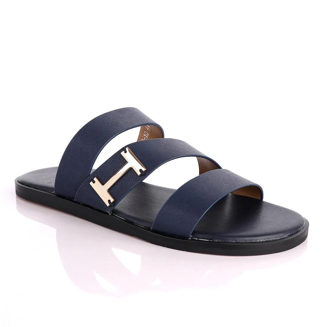 Hermes Paris 3 Strap With Logo Blue Leather Slippers