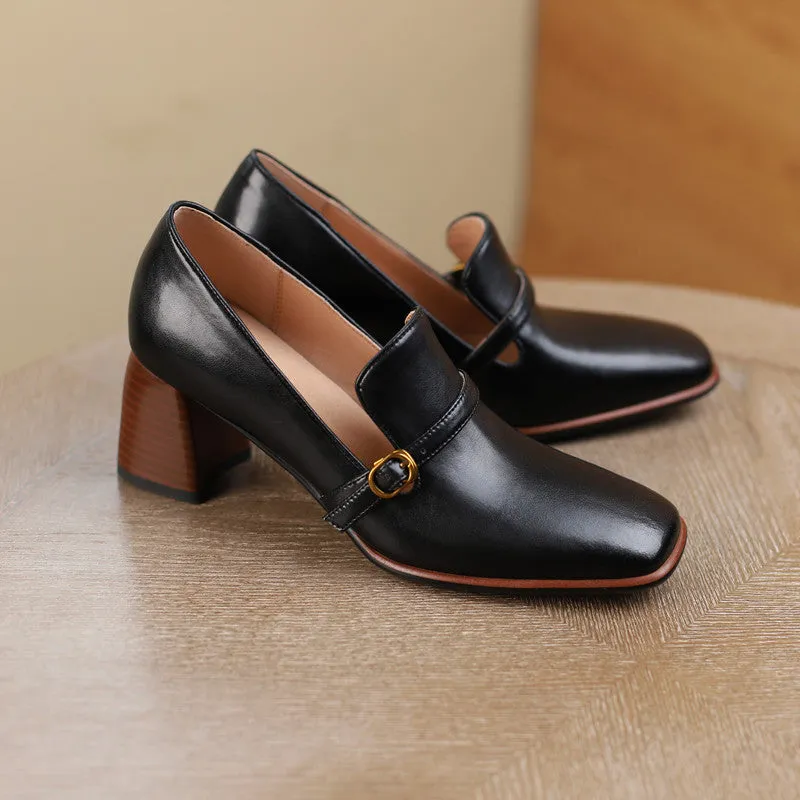 Indya Leather Black Loafers with Heels