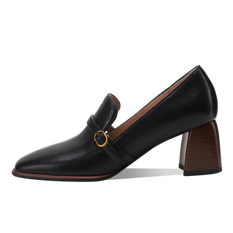 Indya Leather Black Loafers with Heels