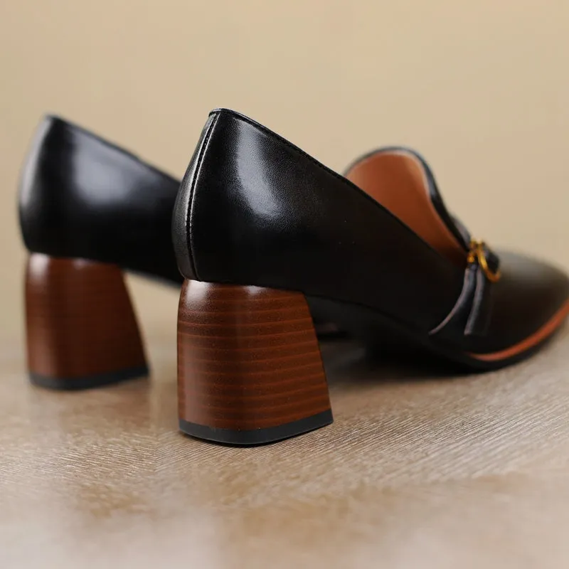 Indya Leather Black Loafers with Heels