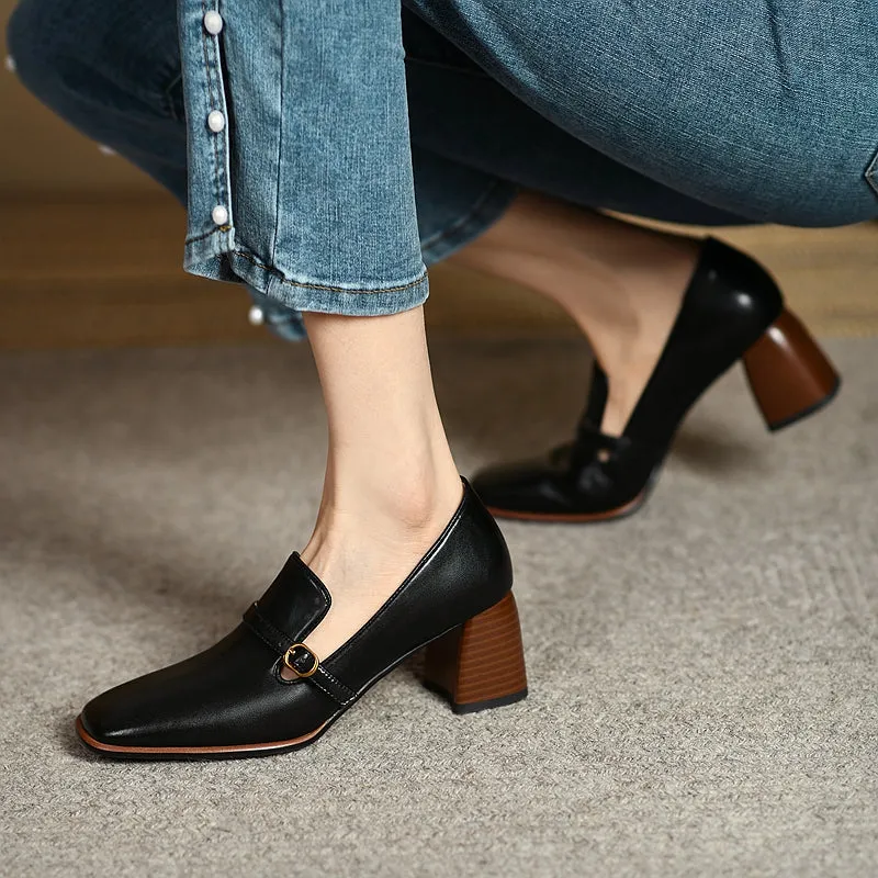 Indya Leather Black Loafers with Heels