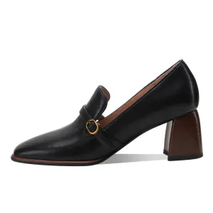 Indya Leather Black Loafers with Heels