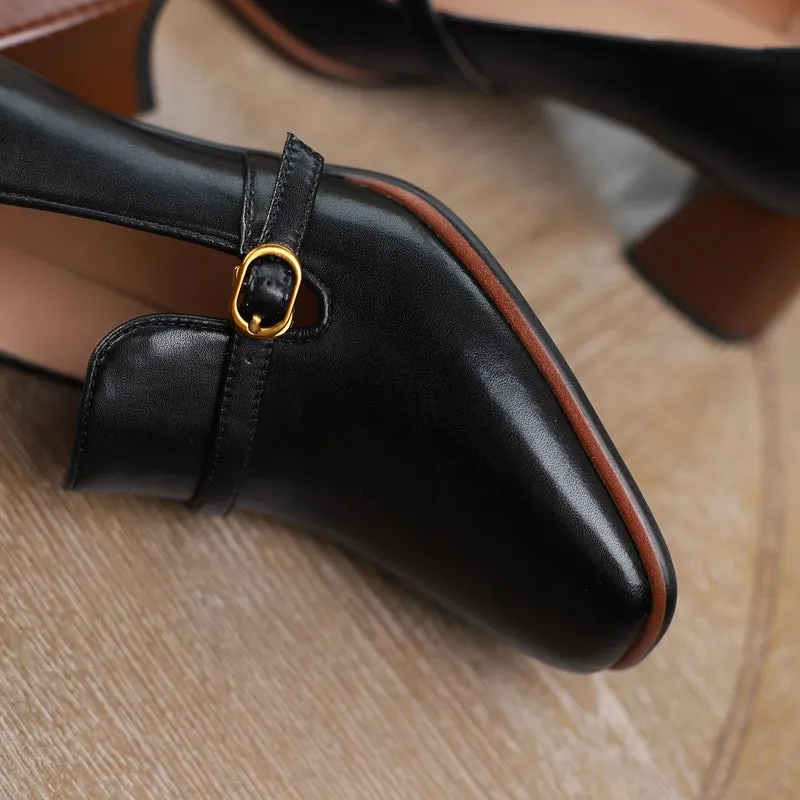Indya Leather Black Loafers with Heels