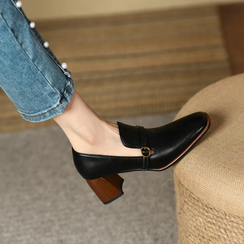 Indya Leather Black Loafers with Heels