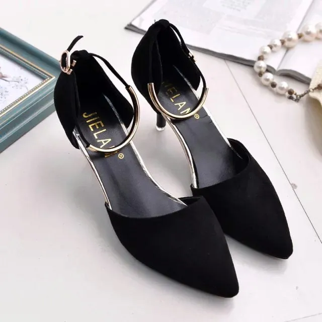 Low Cut Pointed Toe Ankle Wrap Stiletto Low Heels