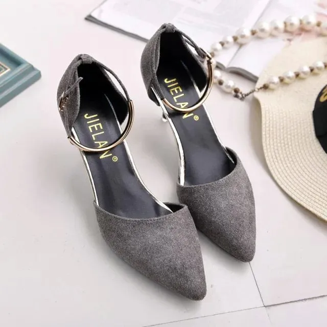 Low Cut Pointed Toe Ankle Wrap Stiletto Low Heels
