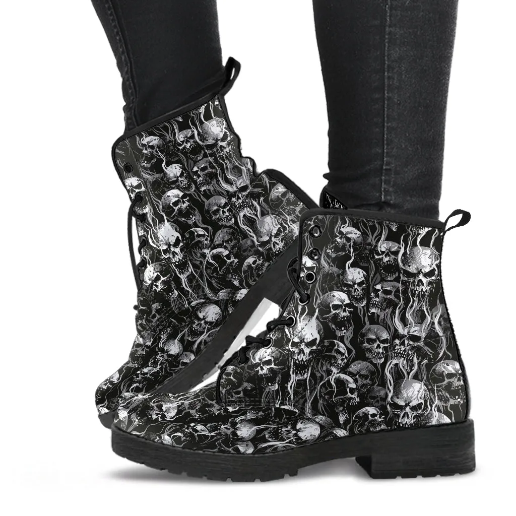 New Skull Smoke Design! Handcrafted Leather Boots New Black And White Texture