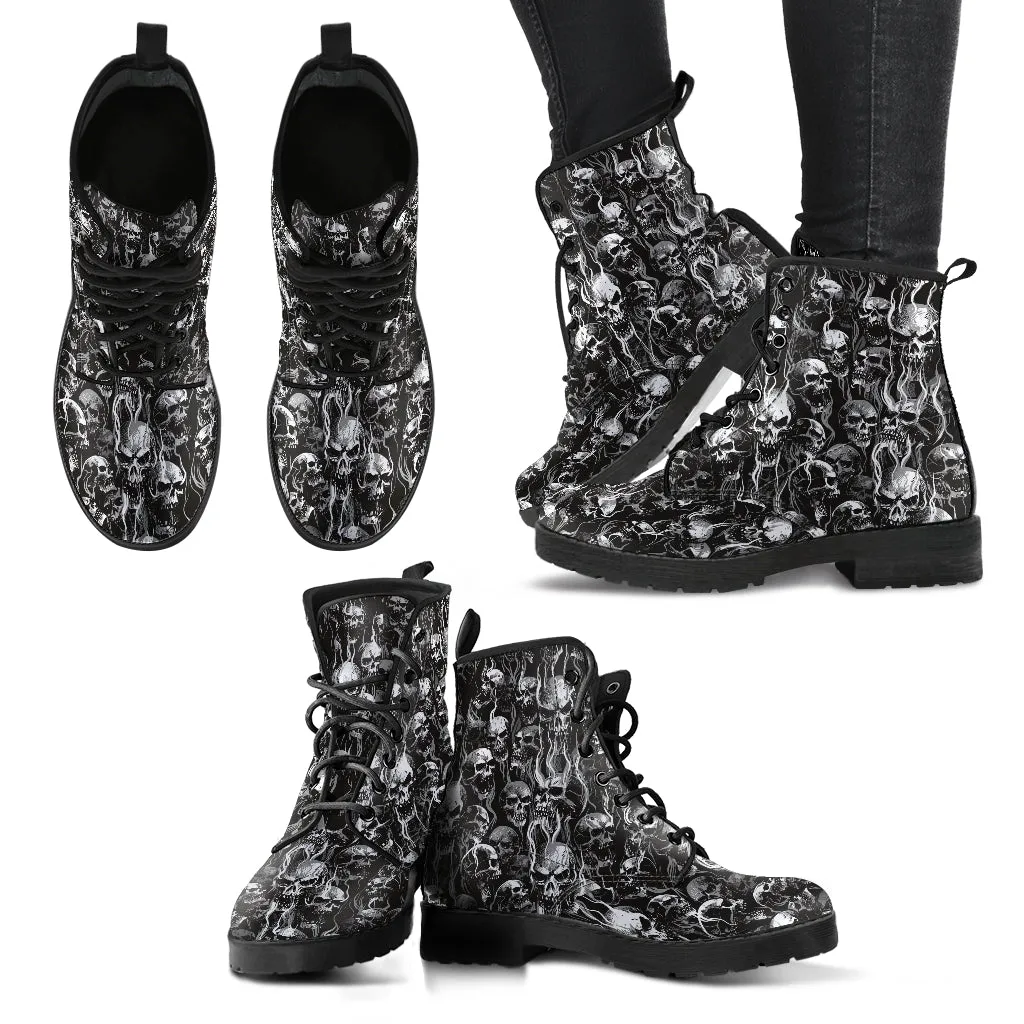 New Skull Smoke Design! Handcrafted Leather Boots New Black And White Texture