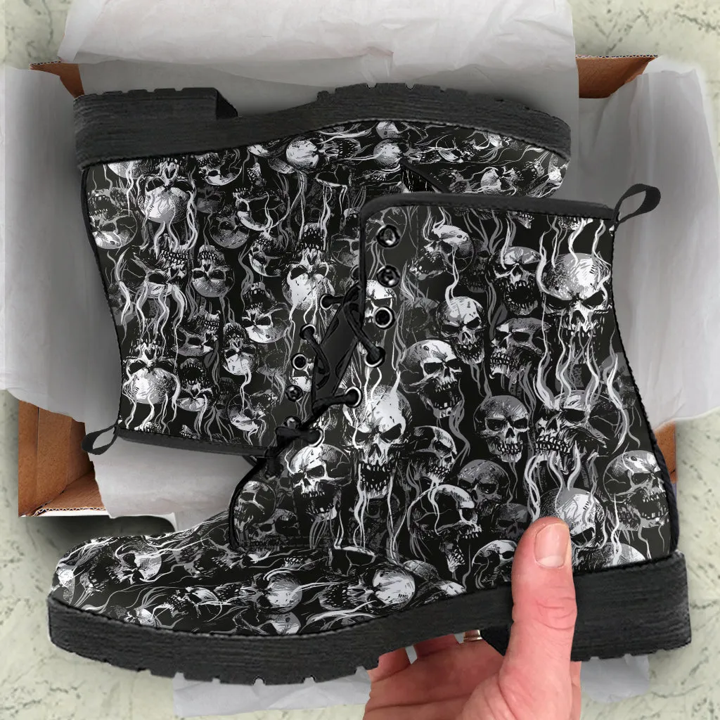 New Skull Smoke Design! Handcrafted Leather Boots New Black And White Texture