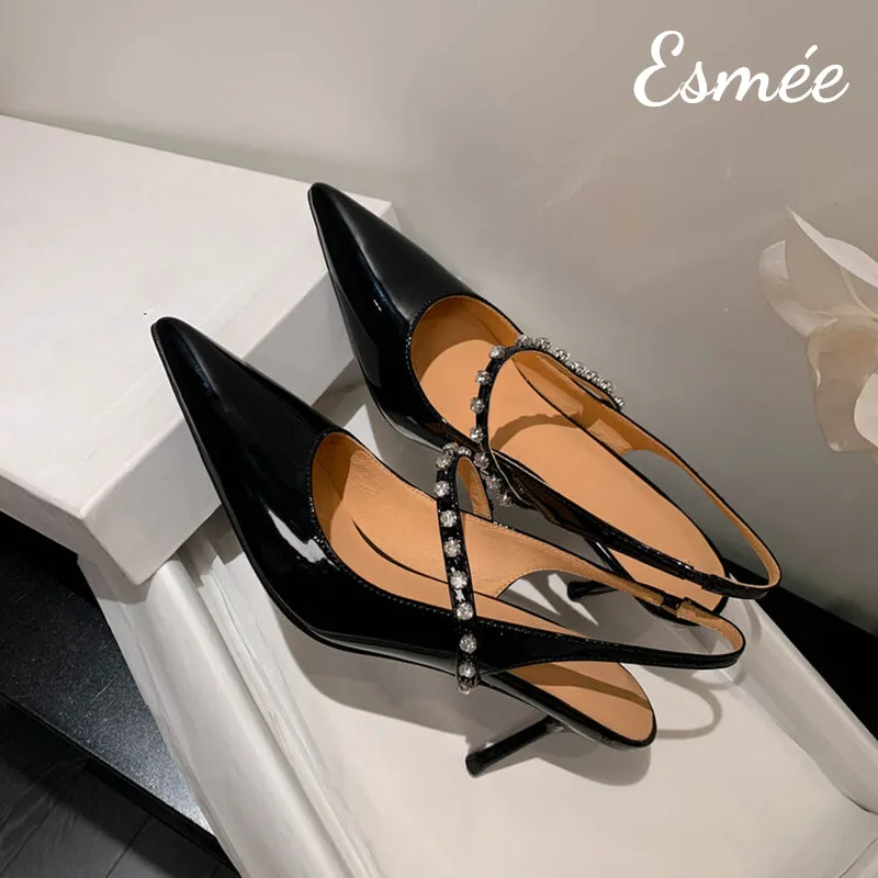 Patent Leather High Heel Slingback with Diamond Straps