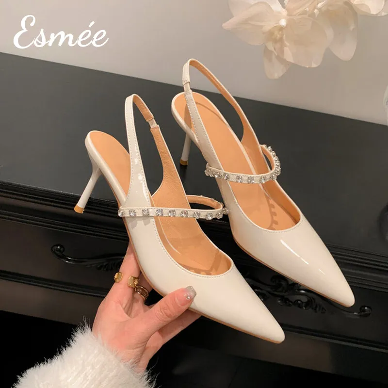 Patent Leather High Heel Slingback with Diamond Straps