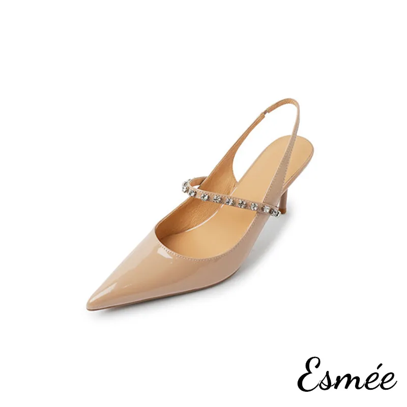 Patent Leather High Heel Slingback with Diamond Straps