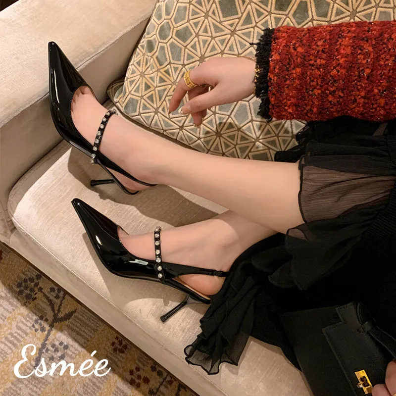 Patent Leather High Heel Slingback with Diamond Straps