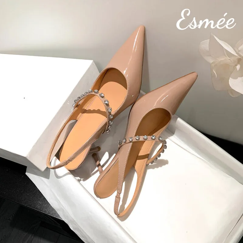 Patent Leather High Heel Slingback with Diamond Straps