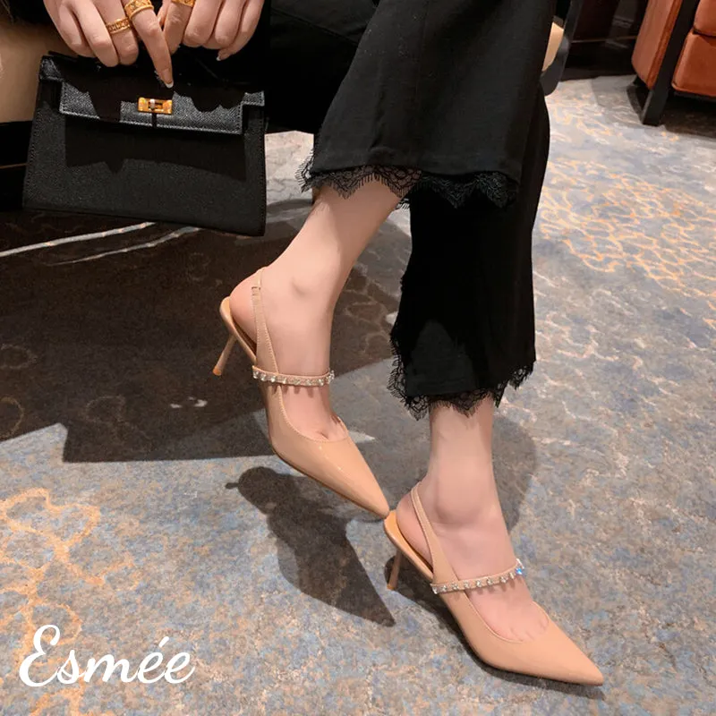 Patent Leather High Heel Slingback with Diamond Straps